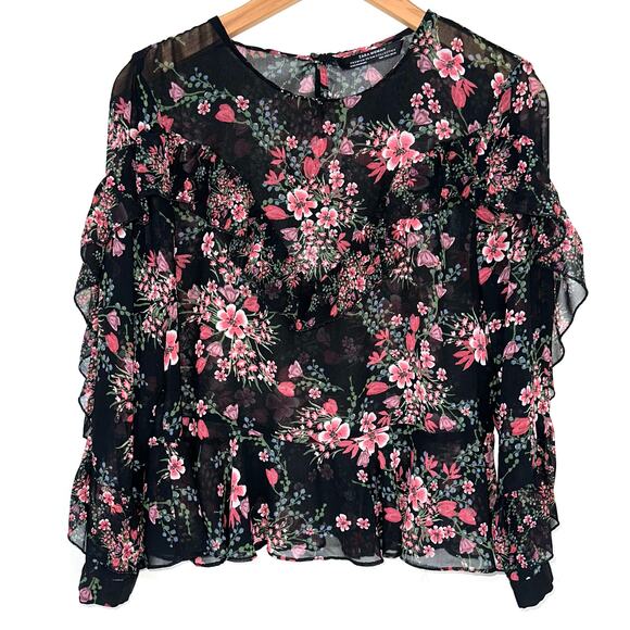 Zara Black Pink Floral Sheer Ruffle Long Sleeve Peplum Top Size Large - Picture 2 of 13